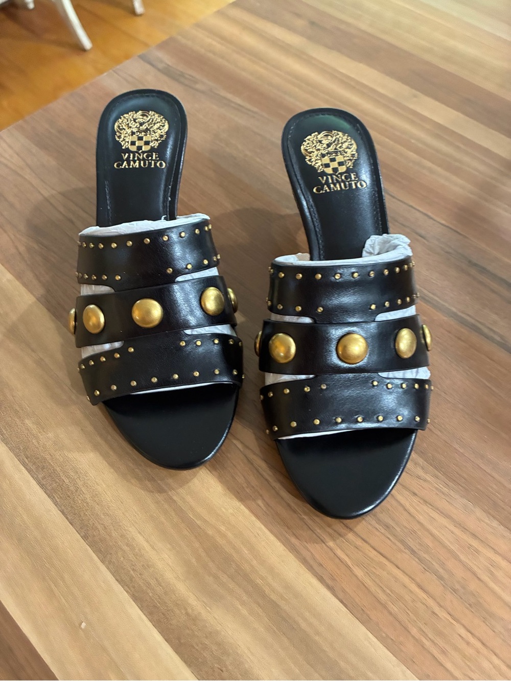 BNWB Vince Camuto Black Leather Slide Mules with Gold Stud Accents Size 5